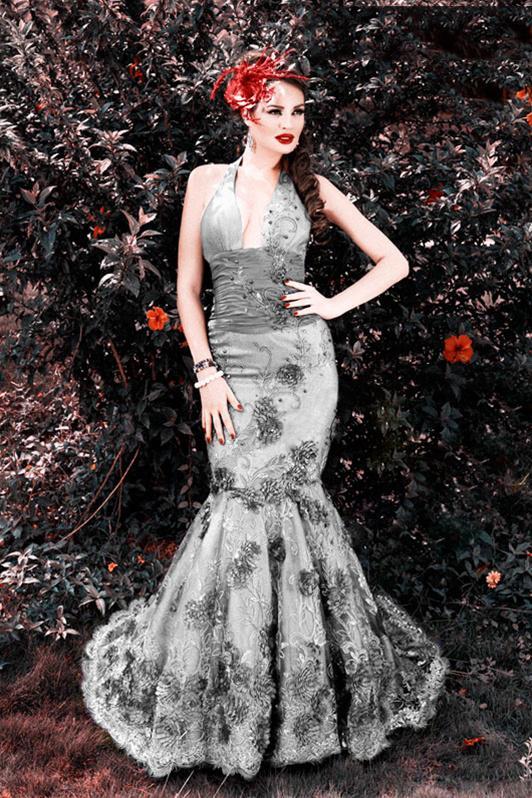 MNM Couture - Sleeveless Lace Floral Halter Mermaid Gown KH067 in Silver