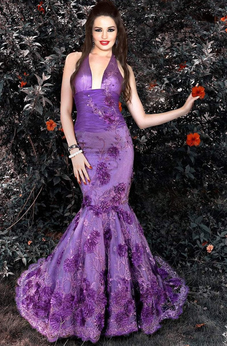 MNM Couture - KH067 Sleeveless Lace Floral Halter Mermaid Gown in Purple