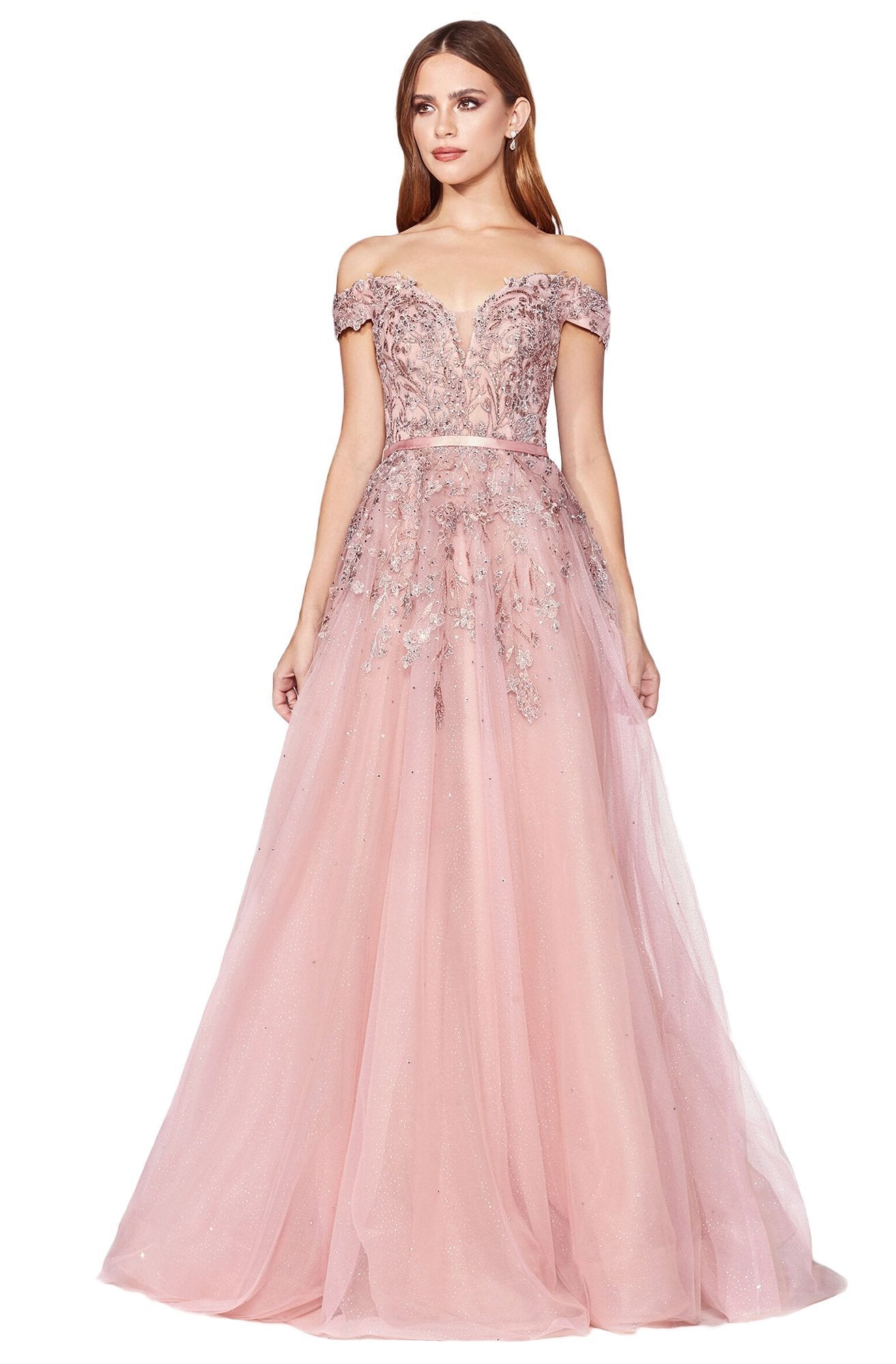 Cinderella Divine - Plunging Beaded Off-Shoulder Ballgown KV1049 In Pink