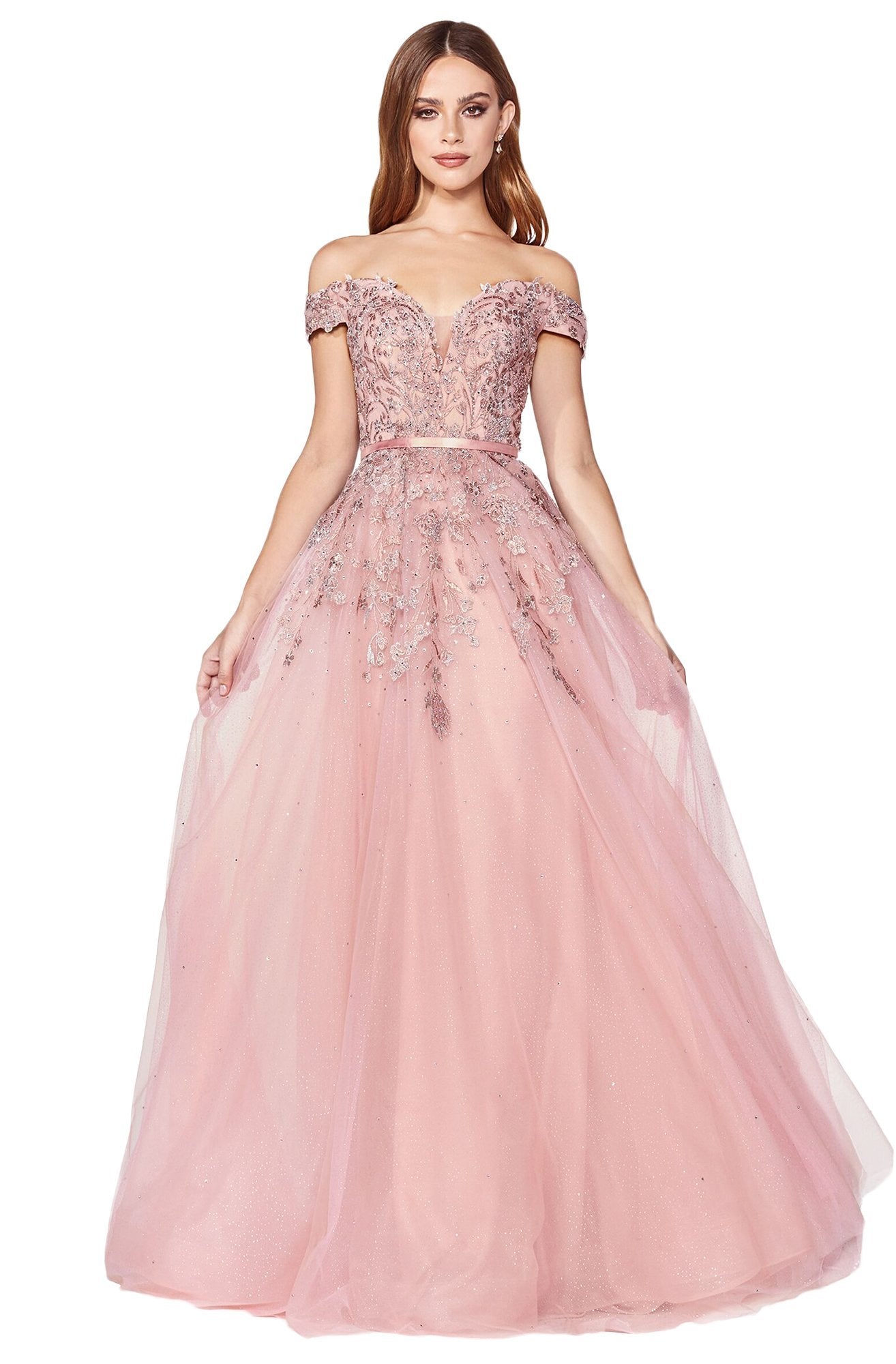 Cinderella Divine - Plunging Beaded Off-Shoulder Ballgown KV1049 In Pink