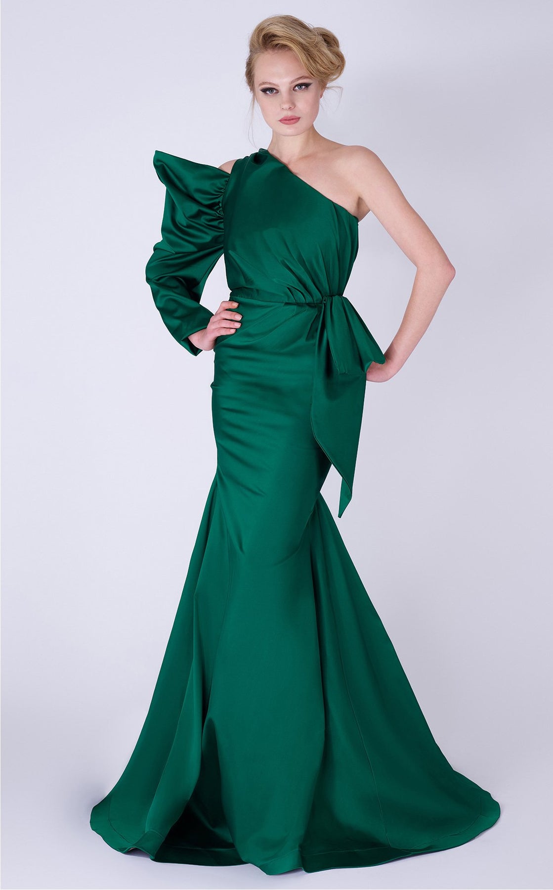 MNM COUTURE - L0028 Single Long Sleeve Ruched Mermaid Dress In Green