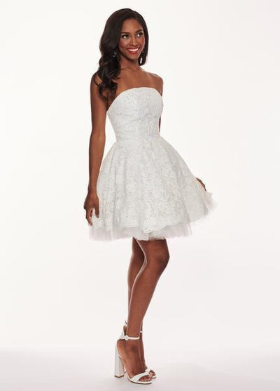 Rachel Allan LBD - L1231 Strapless Beaded Accent Lace Cocktail Dress In White