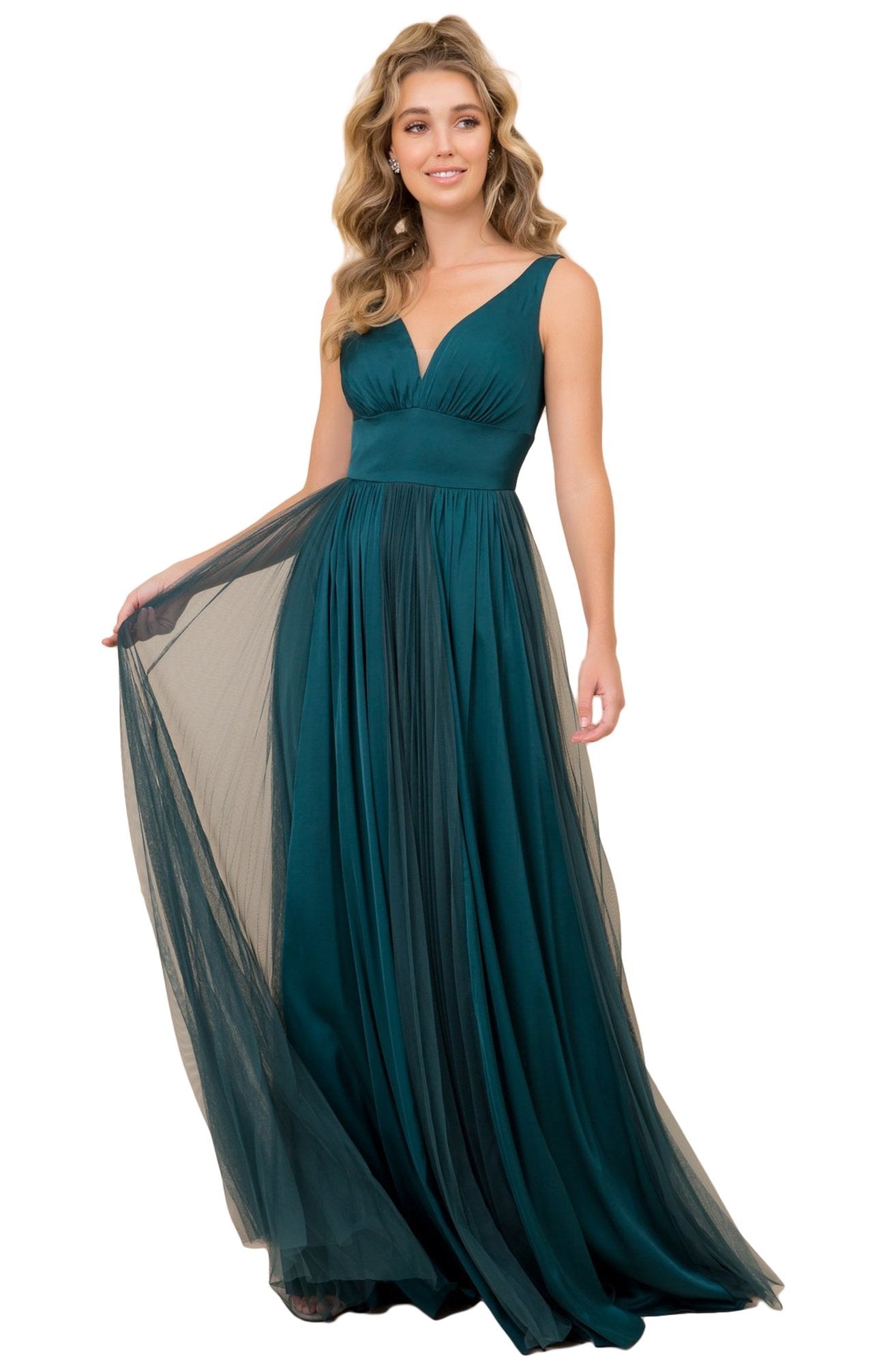 Nox Anabel - Plunging V-Neck Empire A-Line Evening Dress L340 In Green