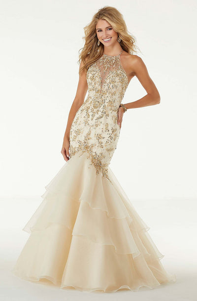 Mori Lee - 45002 Jeweled Strappy Beaded Mermaid Dress In White and Gold