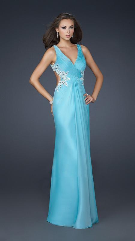 La Femme - Ruched Embellished V-neck Chiffon A-line Dress 17520 In Blue