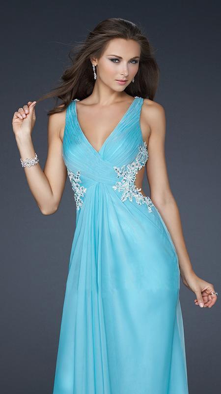 La Femme - Ruched Embellished V-neck Chiffon A-line Dress 17520 In Blue