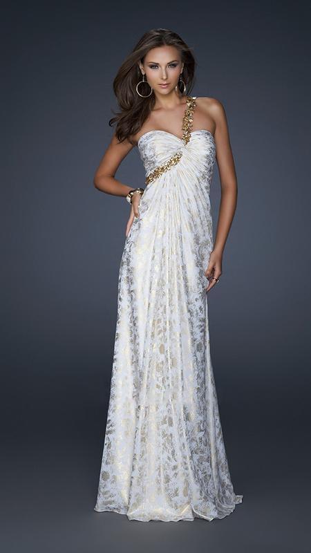 La Femme - Dazzling Gold Embellished One Shoulder Gown 17805 In White and Gold