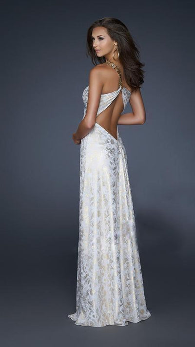 La Femme - Dazzling Gold Embellished One Shoulder Gown 17805 In White and Gold