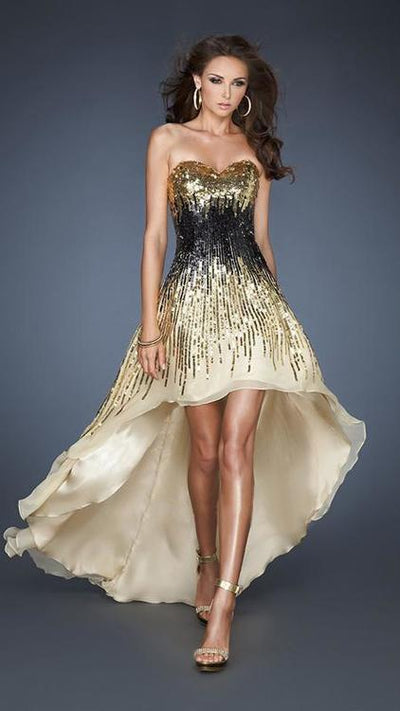 La Femme - 18591 Ombre Sequined Strapless High Low Gown Special Occasion Dress 00 / Black/Gold