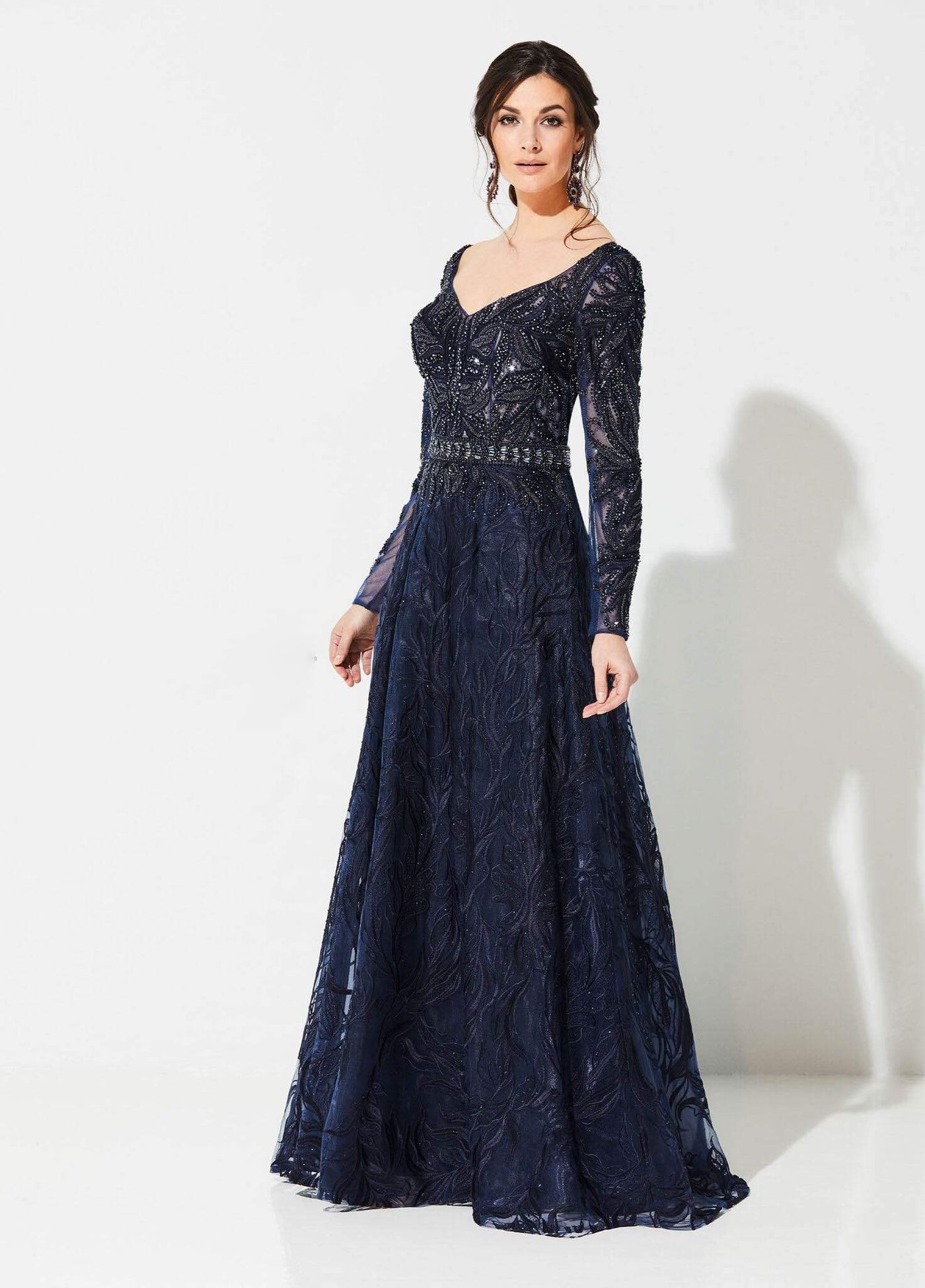 Ivonne D for Mon Cheri - 219D79 Beaded Lace Wide V-neck A-line Gown In Blue