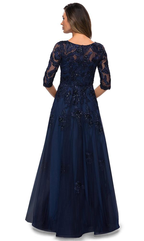 La Femme - Quarter Sleeve Beaded Lace A-line Gown 27922SC In Blue