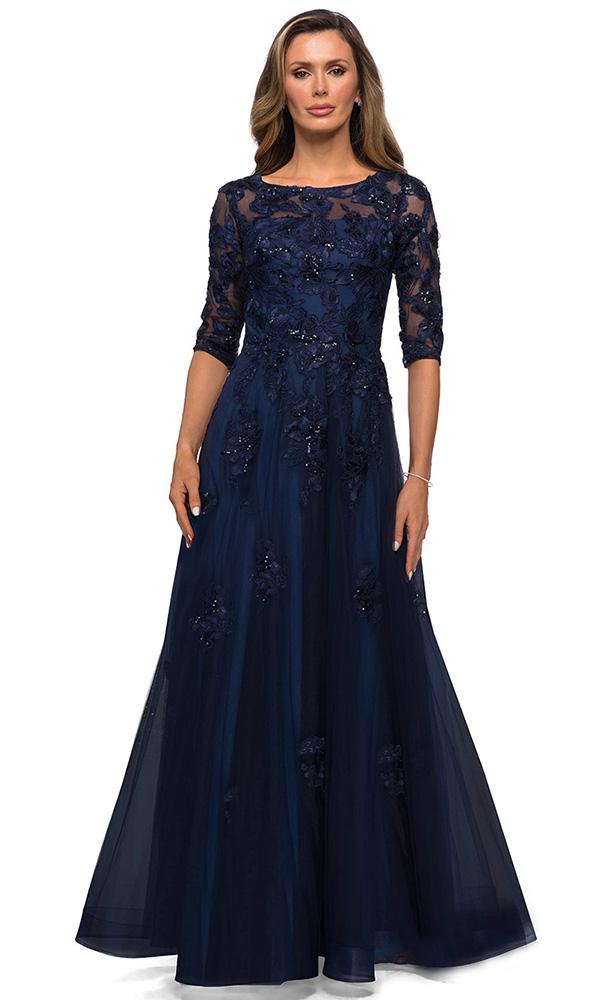 La Femme - Quarter Sleeve Beaded Lace A-line Gown 27922SC In Blue