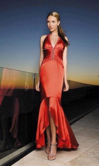La Femme - 12278 V Neck Halter Neck High Low Mermaid Prom Dress in Red