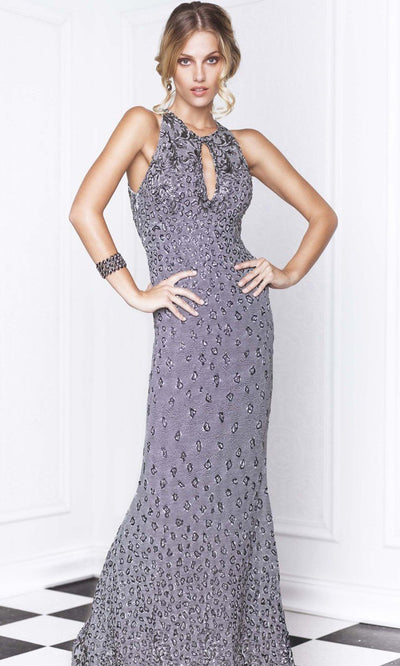 Baccio Couture - 919 Stretch Lace Painted Metallic Silicon Long Dress In Gray