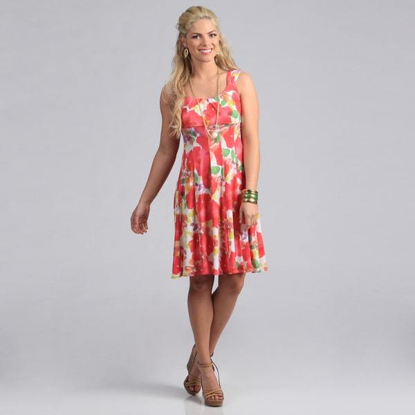 London Times - L3E07M Scoop Neck Floral Print Jersey Dress in Pink