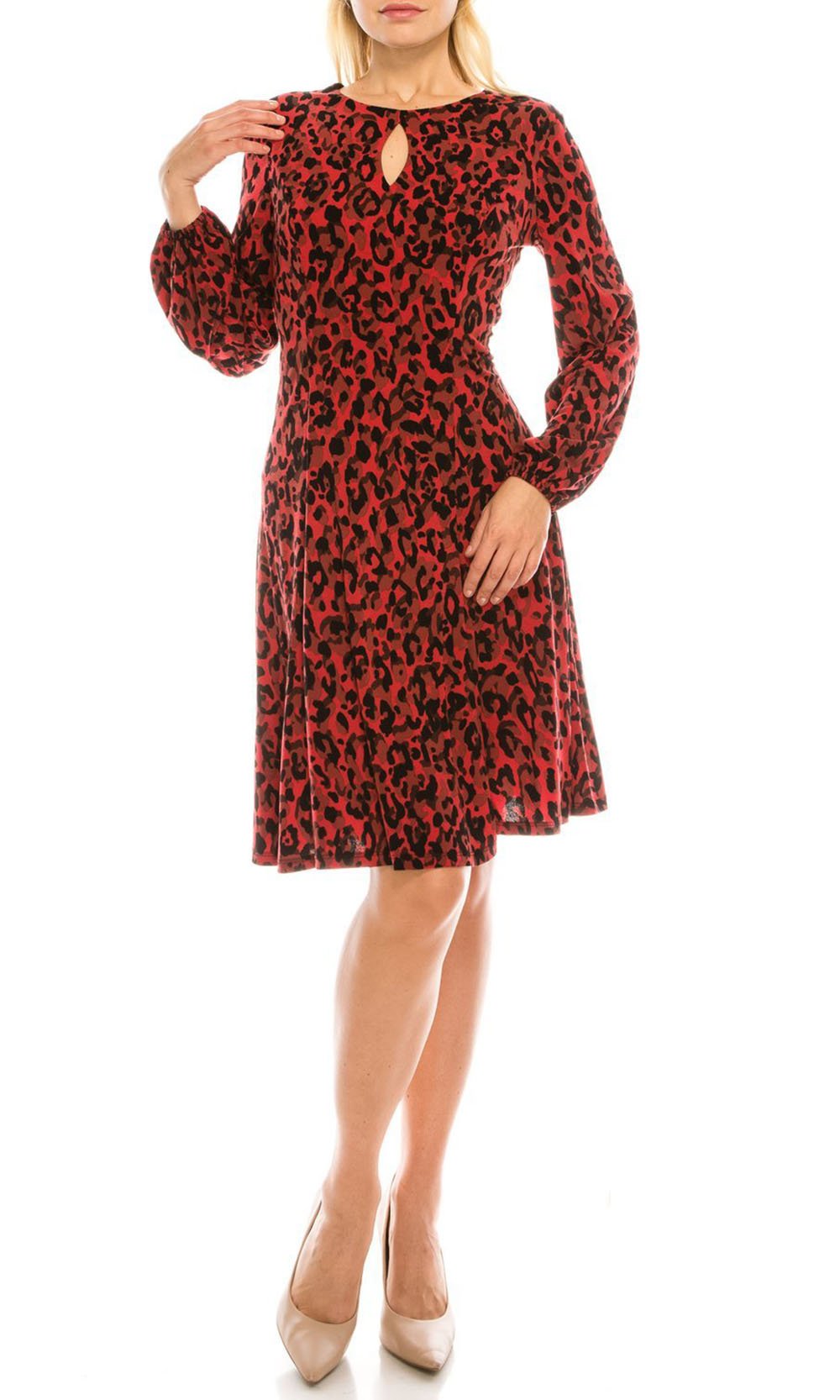 London Times - T4768M Leopard Print Long Sleeve A-Line Dress In Red and Black