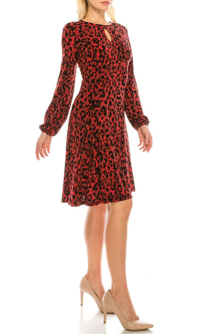 London Times - T4768M Leopard Print Long Sleeve A-Line Dress In Red and Black