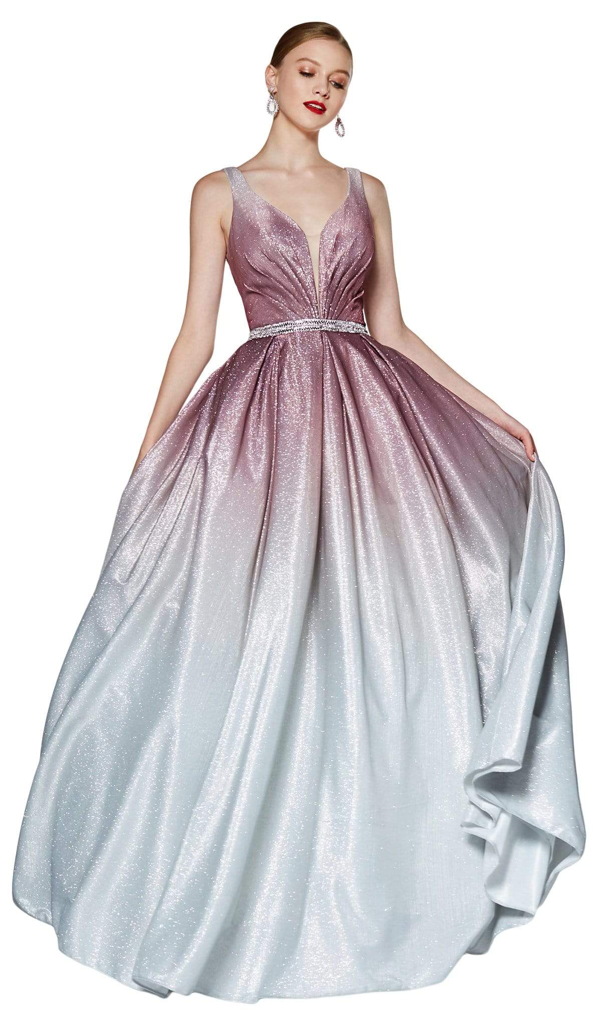 Cinderella Divine - CB0041 Ombre Glitter Deep V-neck Ballgown Special Occasion Dress 4 / Rouge/Silver