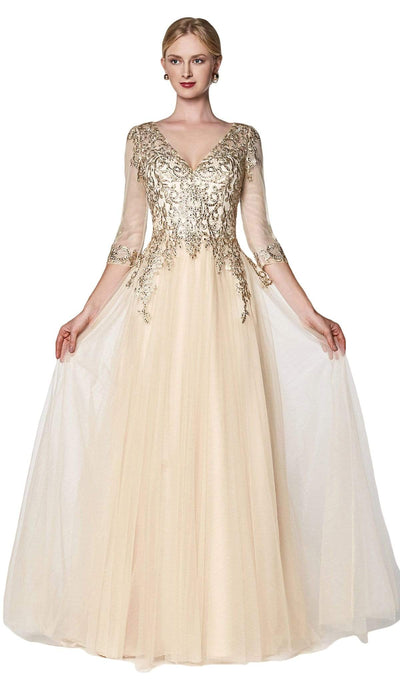 Cinderella Divine - OC003 Beaded Lace V-Neck Evening Dress In Neutral