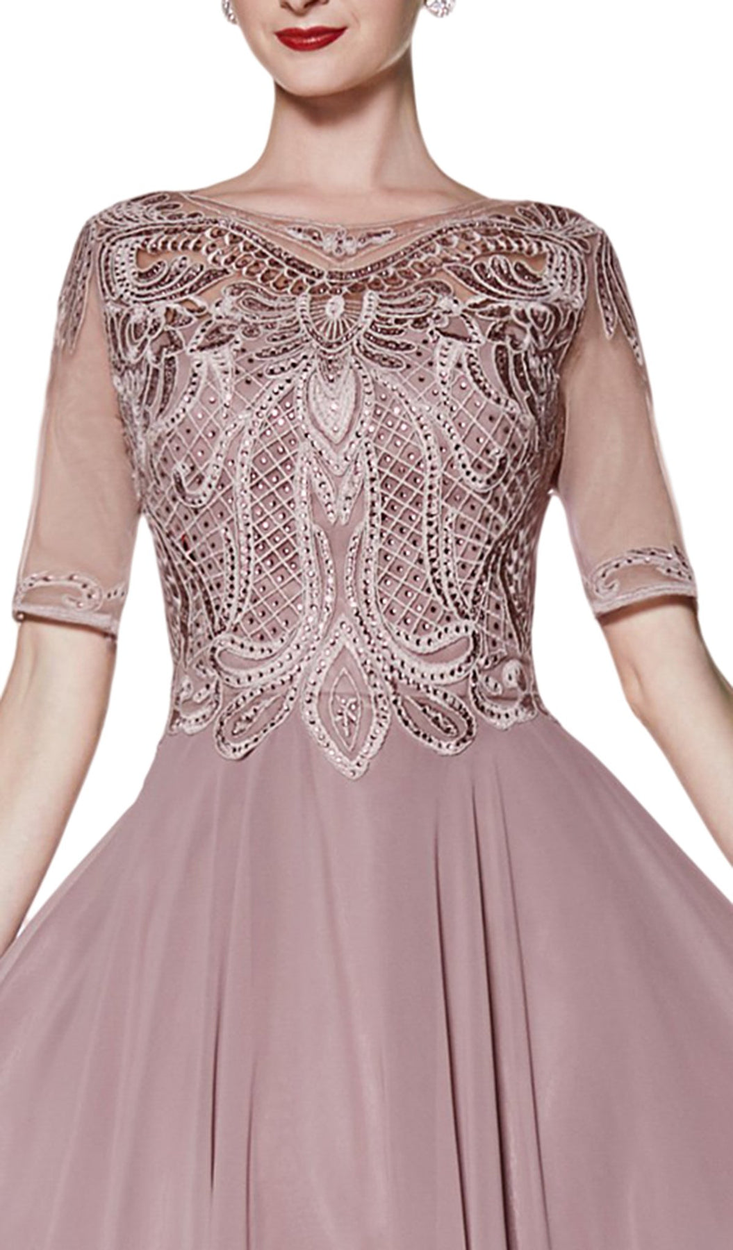Cinderella Divine - CD0134 Beaded Lace Chiffon A-line Dress In Pink