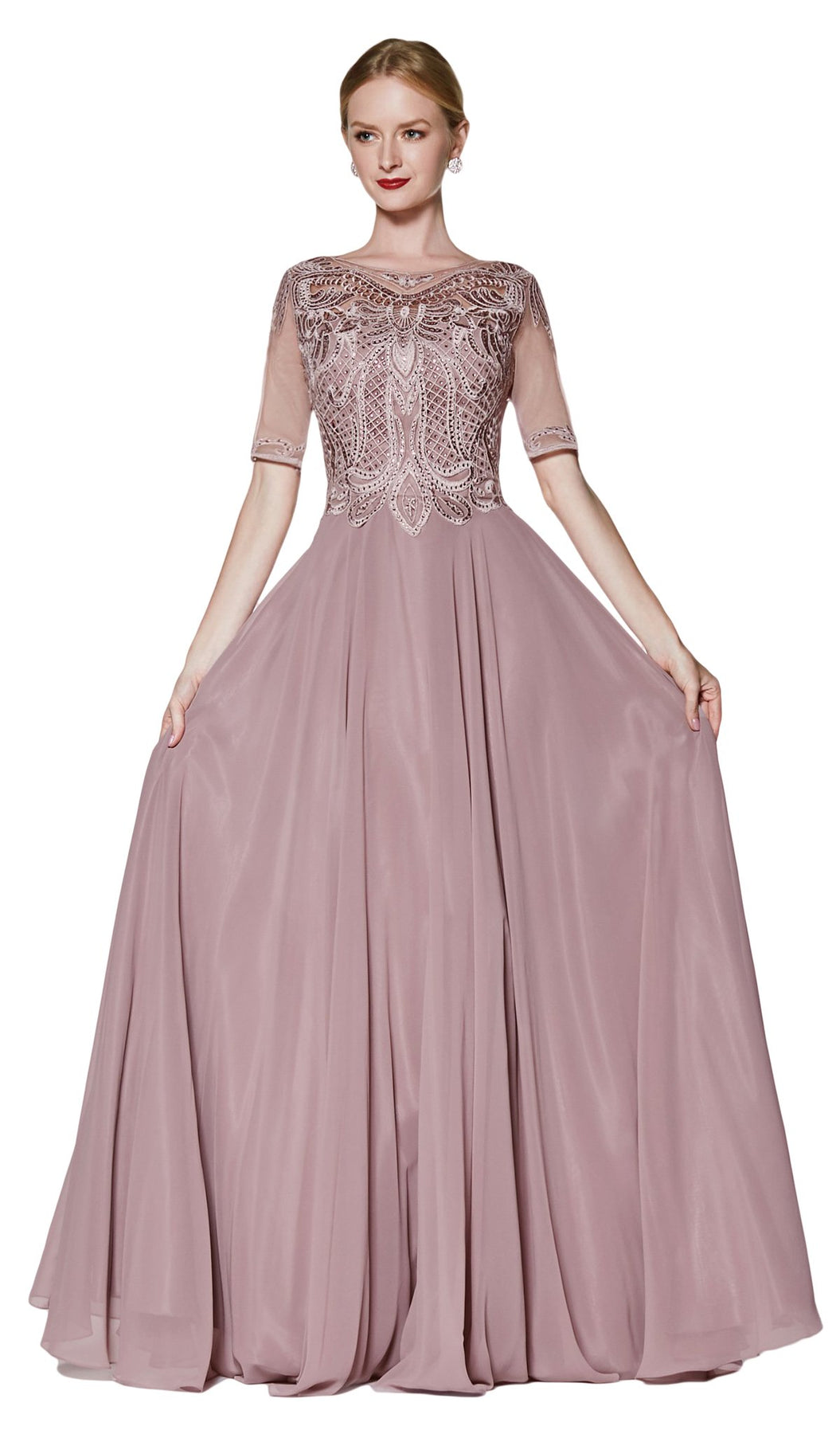Cinderella Divine - CD0134 Beaded Lace Chiffon A-line Dress In Pink