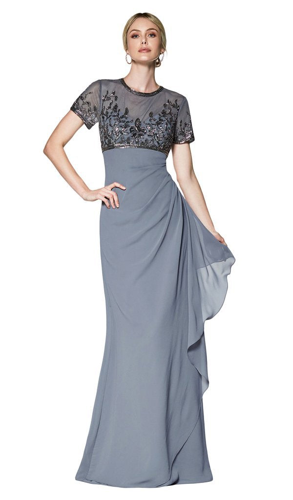 Cinderella Divine - J0295 Vine Embroidered Sheer Short Sleeve Drape Ruffle Dress In Gray