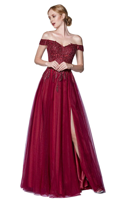 Cinderella Divine - CM303 Off Shoulder Lace Corset A-Line Gown Special Occasion Dress S / Burgundy