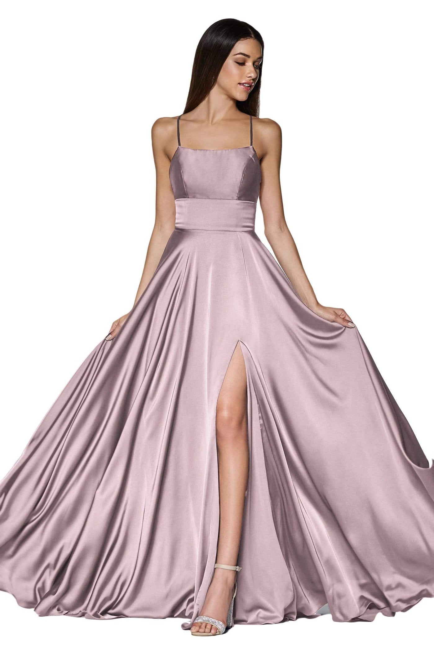 Cinderella Divine - CJ527 Long Crisscross Back Satin A-Line Dress Prom Dresses 2 / Dusty Rose