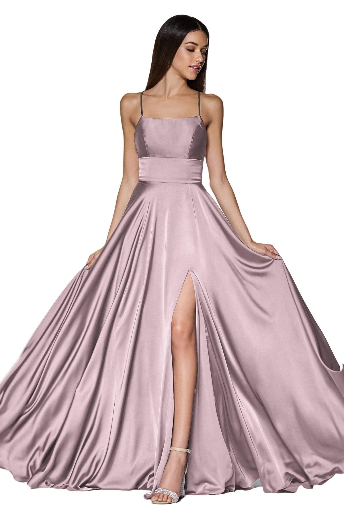 Cinderella Divine - CJ527 Long Crisscross Back Satin A-Line Dress Prom Dresses 2 / Dusty Rose