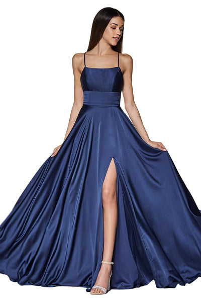 Cinderella Divine - CJ527 Long Crisscross Back Satin A-Line Dress In Blue