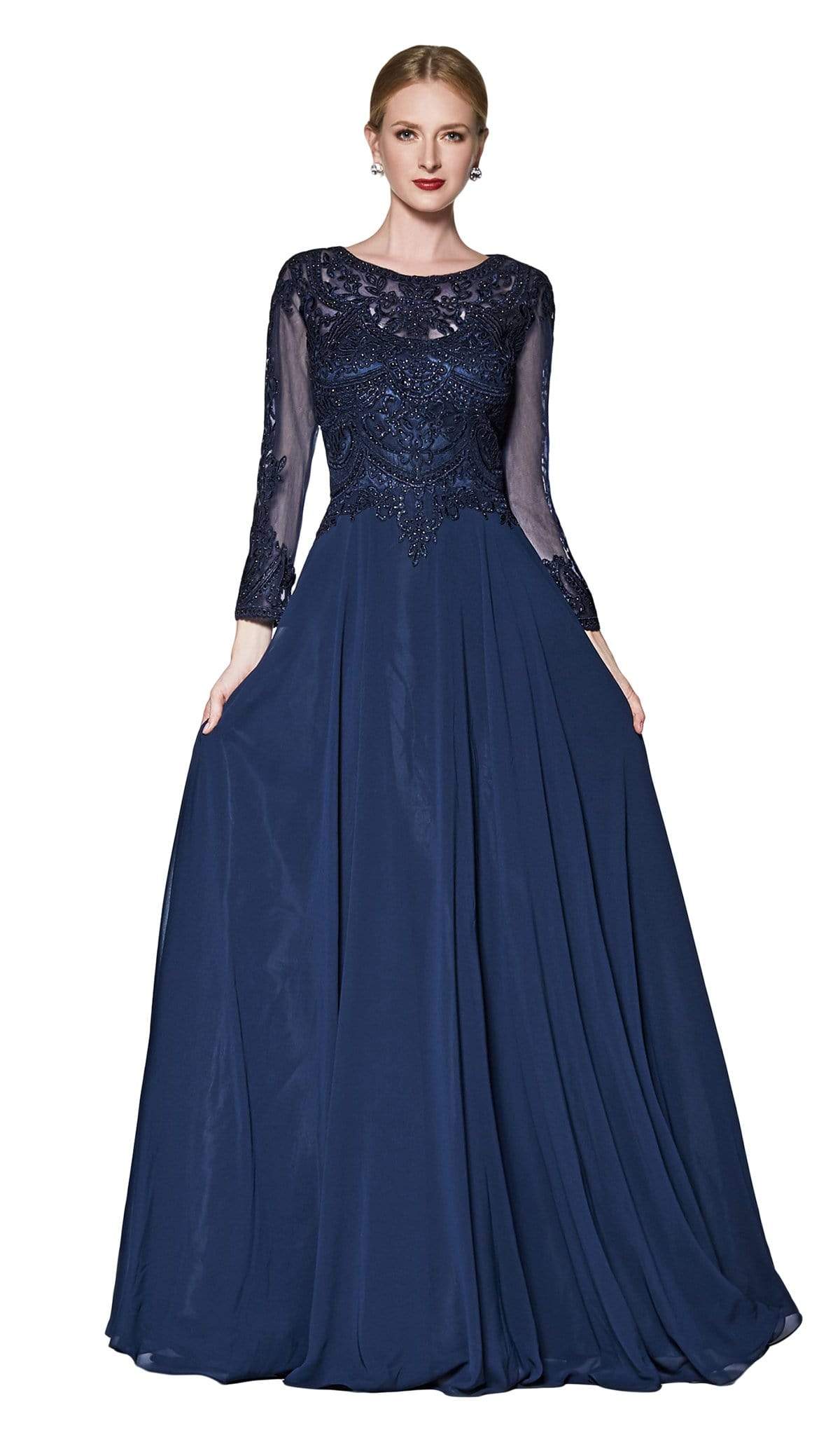 Cinderella Divine - CD0127 Beaded Jewel A-Line Evening Gown In Blue