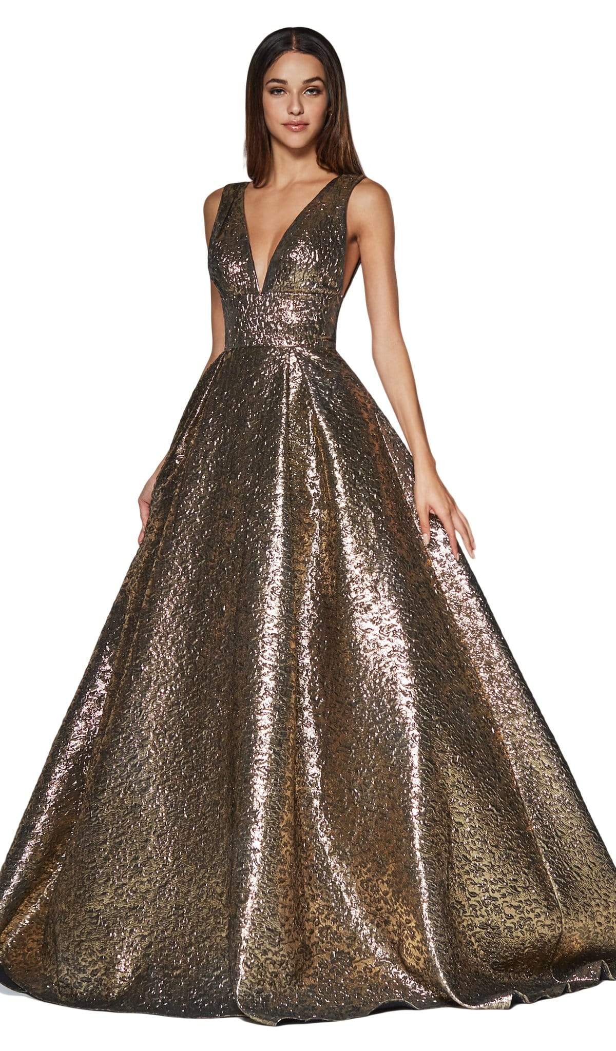Cinderella Divine - ML930 Metallic Plunging V-Neck Ballgown Special Occasion Dress XS / Copper