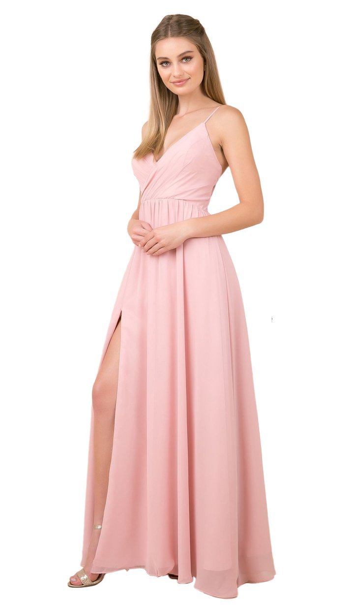 Nox Anabel - Plunging V-neck A-line Dress With Slit R275 In Pink