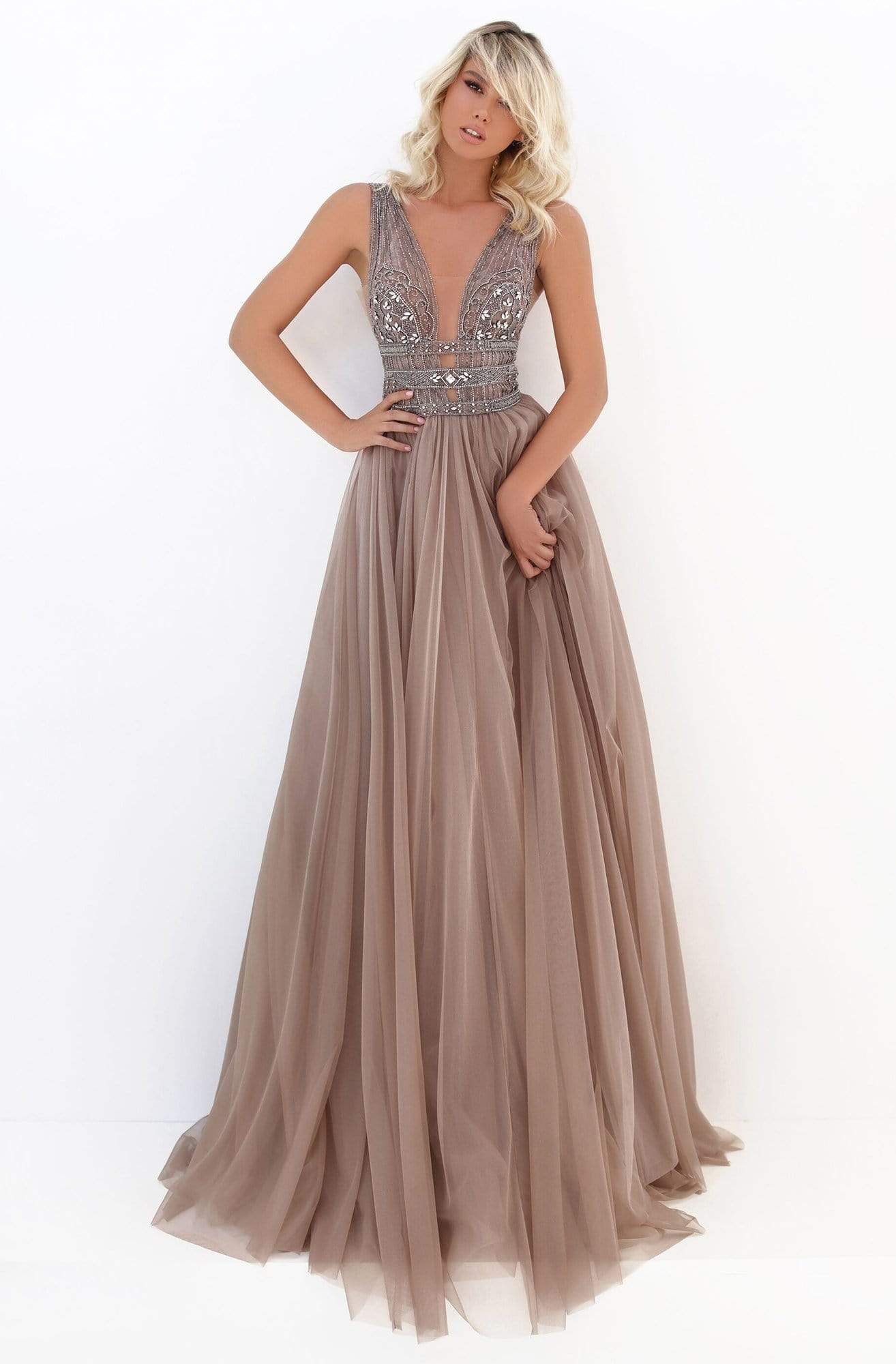 Tarik Ediz - 50740 Sexy V-Neck Bejeweled A-Line Dress Evening Dresses 0 / Almondine
