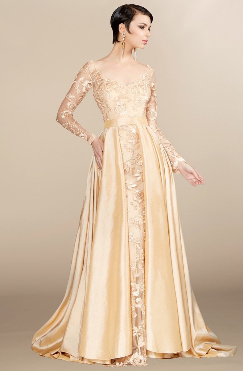 MNM COUTURE - M0019 Scoop Bedazzled Evening Gown with Overskirt