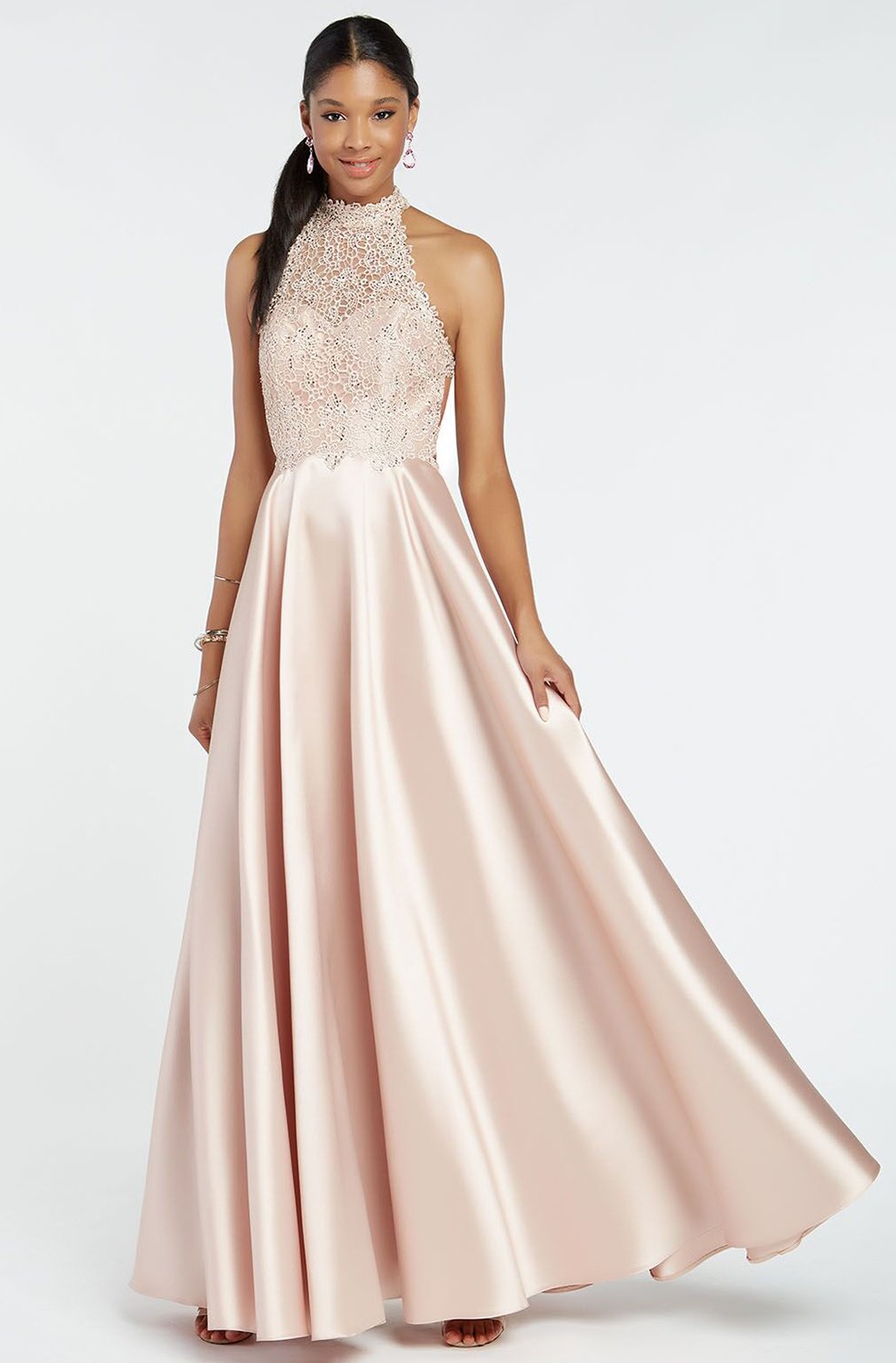 Alyce Paris - 60331 Halter Lace Appliqued Mikado Racerback Prom Gown In Pink