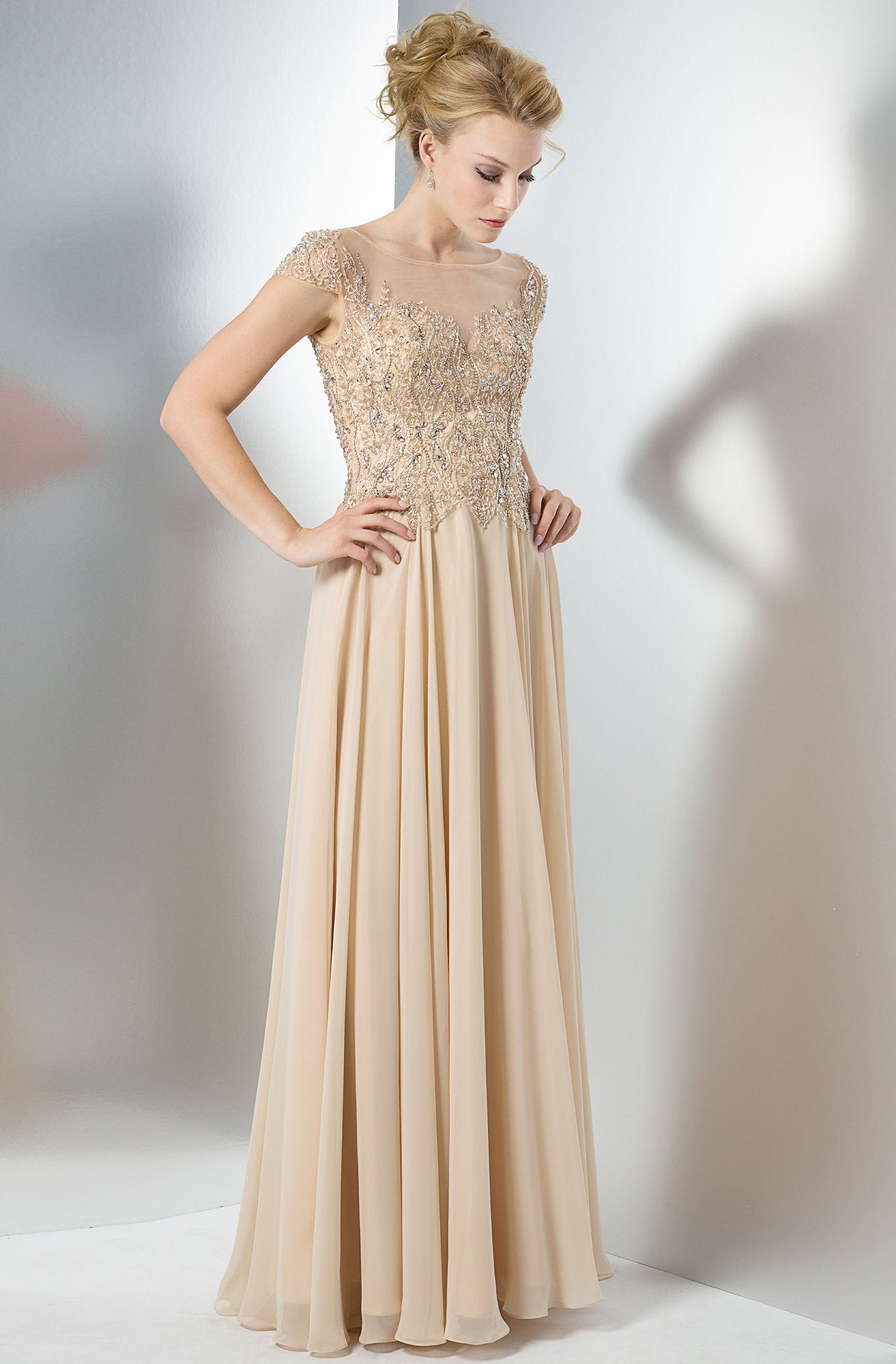 Marsoni by Colors - Cap Sleeve Beaded Illusion Chiffon Long Dress M108  In Nude