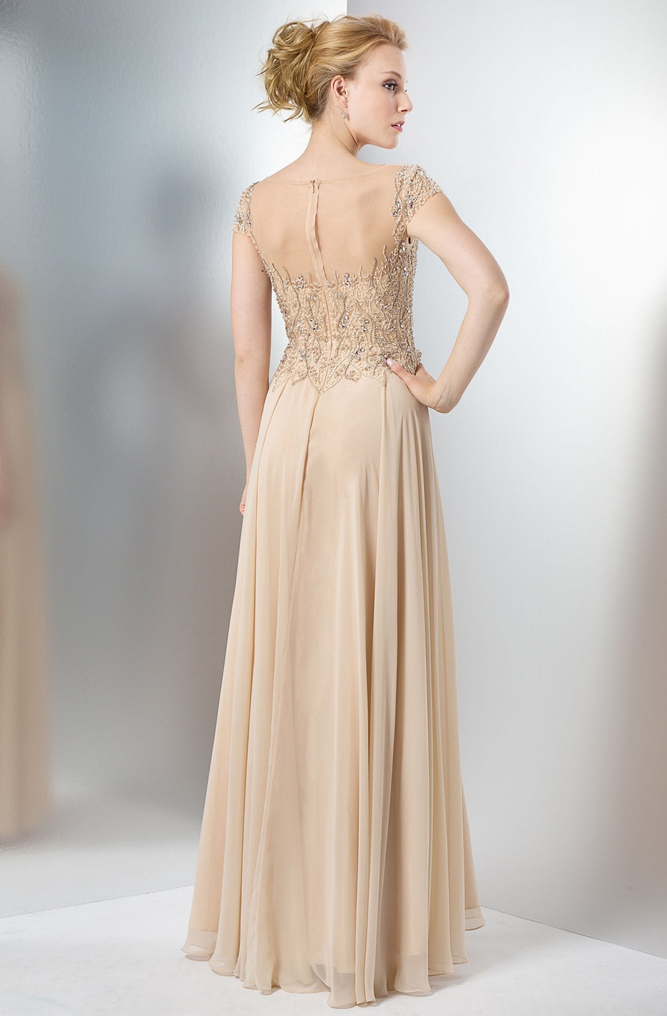 Marsoni by Colors - Cap Sleeve Beaded Illusion Chiffon Long Dress M108  In Nude