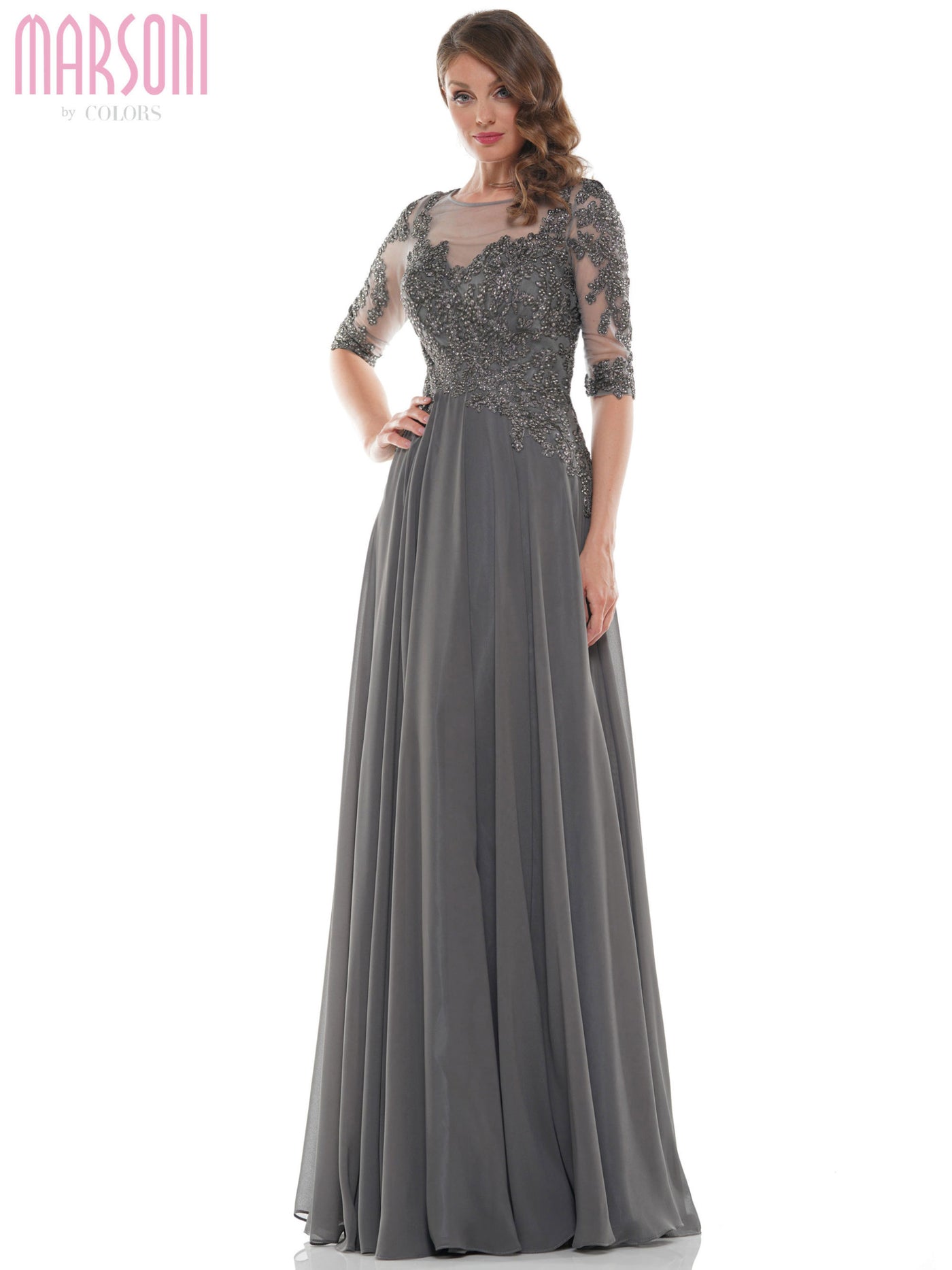 Marsoni by Colors - M157SC Beaded Lace Appliqued Illusion A-Line Dress