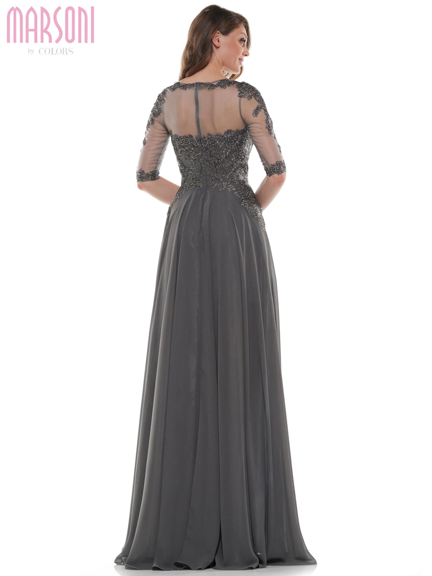 Marsoni by Colors - M157SC Beaded Lace Appliqued Illusion A-Line Dress