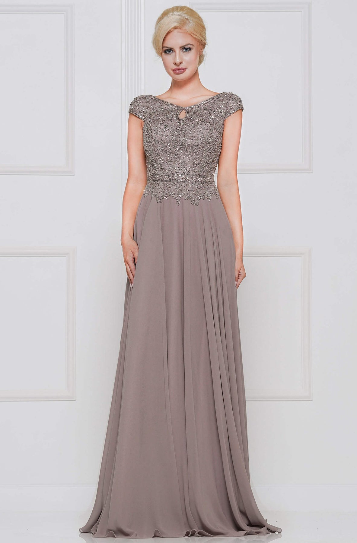 Marsoni by Colors - Cap Sleeve Keyhole A-Line Chiffon Gown M173  In Brown