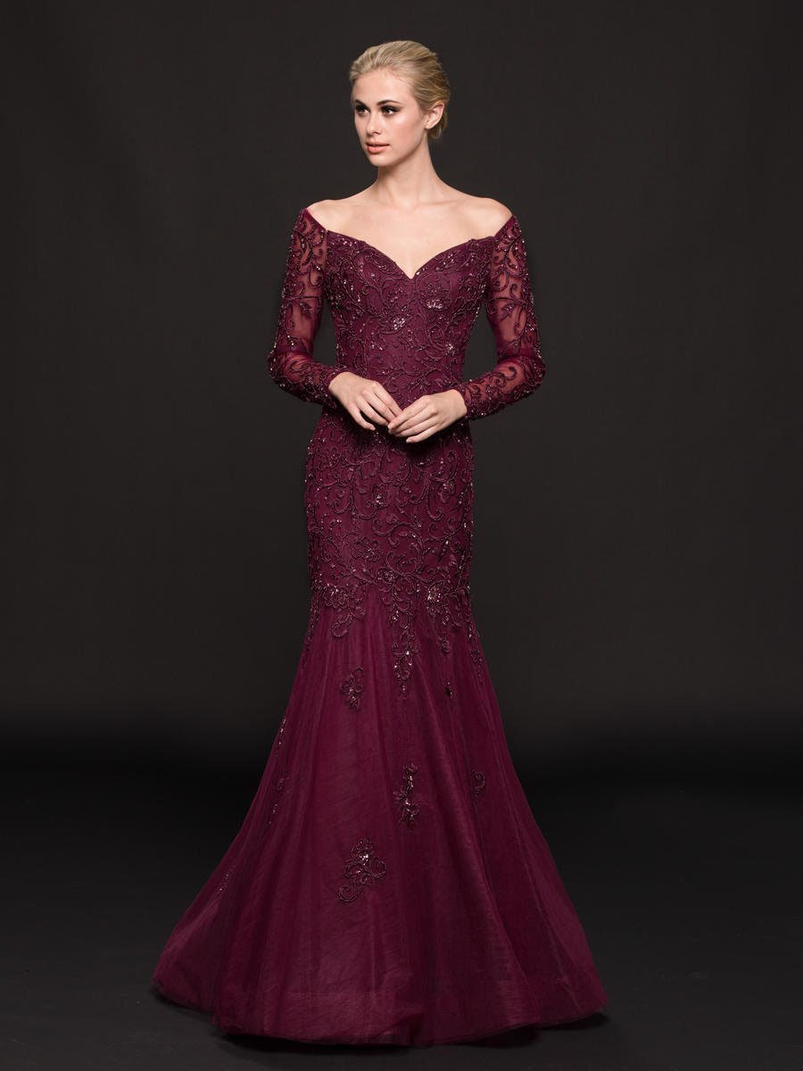 Marsoni by Colors - M211 Embellished Long Sleeve Trumpet Dress Special Occasion Dress 8 / Wine