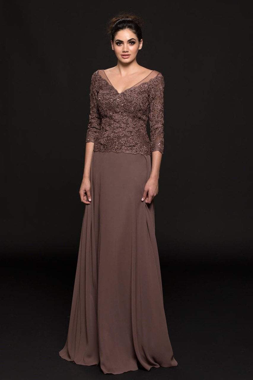Marsoni by Colors - M226 Lace V-neck Chiffon A-line Gown In Brown