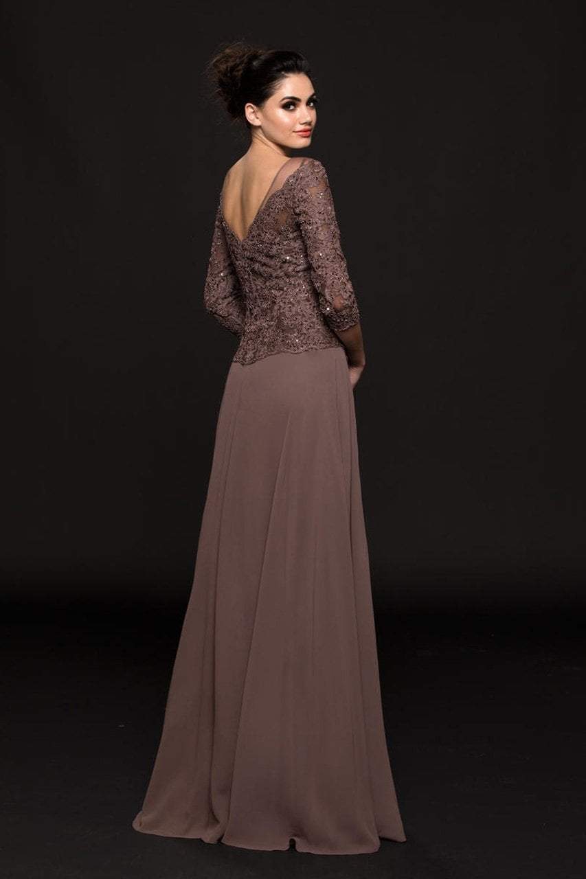 Marsoni by Colors - M226 Lace V-neck Chiffon A-line Gown In Brown