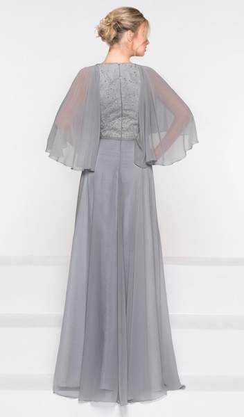 Marsoni by Colors - M230 Asymmetrical Caped Sleeve Chiffon Gown in Gray
