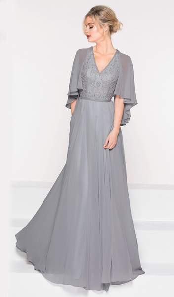 Marsoni by Colors - Asymmetrical Caped Sleeve Chiffon Gown M230 In Gray