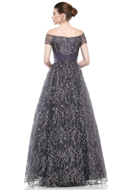Marsoni By Colors - M247 Ruched Crisscross-Waist Lace Long Gown In Gray