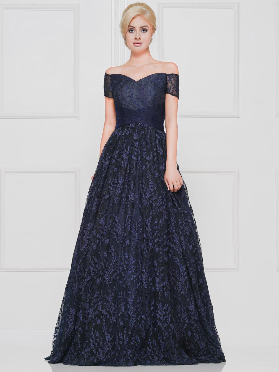 Marsoni By Colors - M247 Ruched Crisscross-Waist Lace Long Gown In Blue