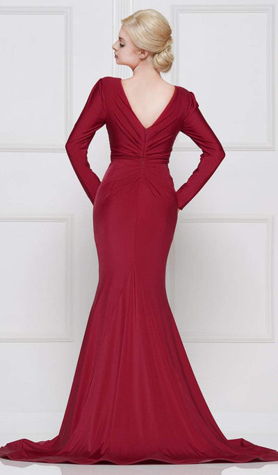 Marsoni by Colors - M257 Long Sleeve V-neck Satin Trumpet Dress In Red
