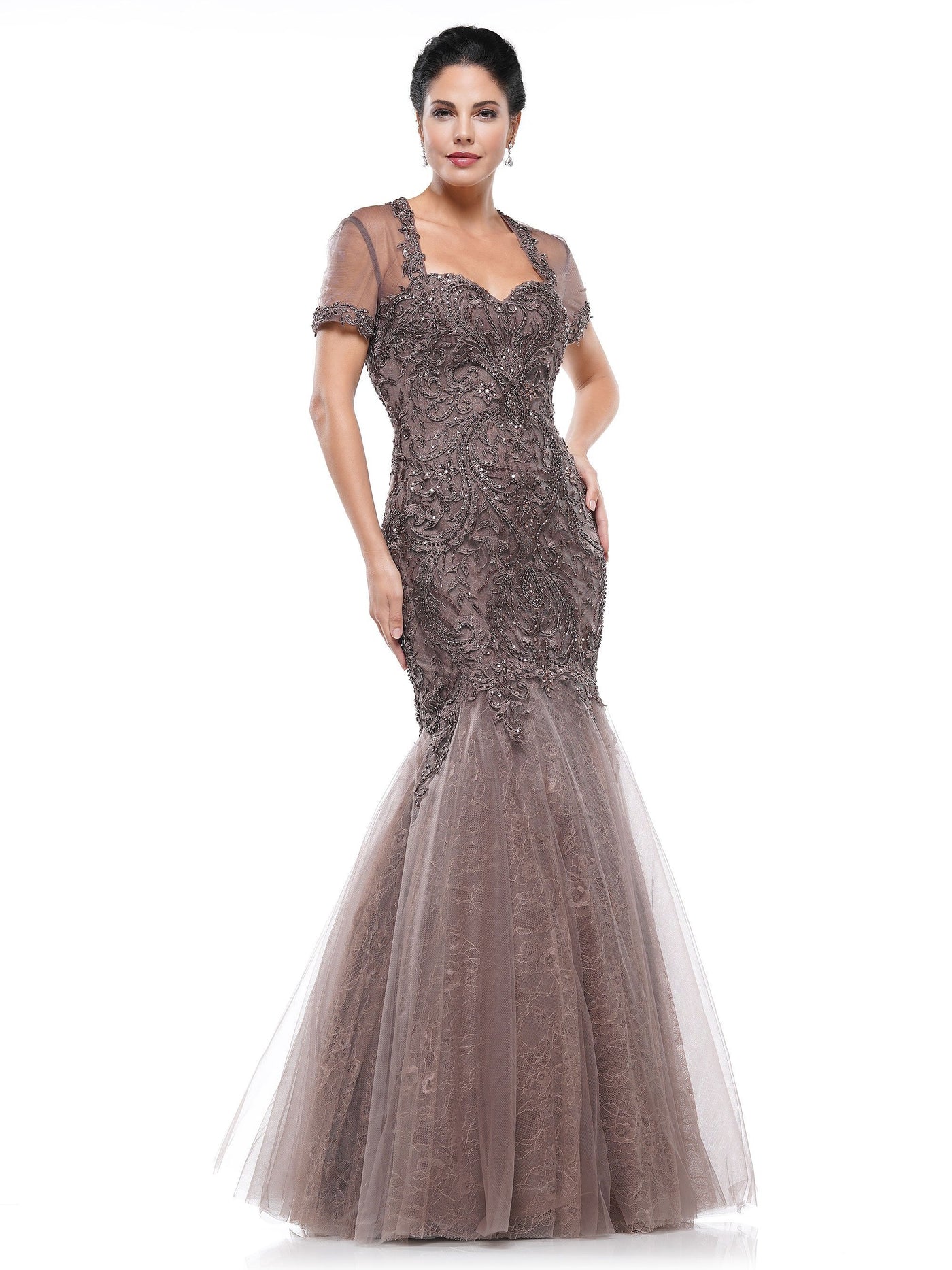 Marsoni by Colors - M259 Metallic Embroidered Sweetheart Trumpet Gown In Brown